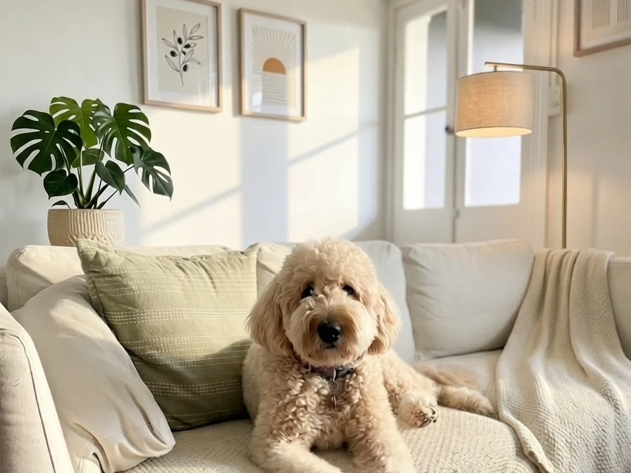 Dog settled on the sofa in a sunlit lounge room