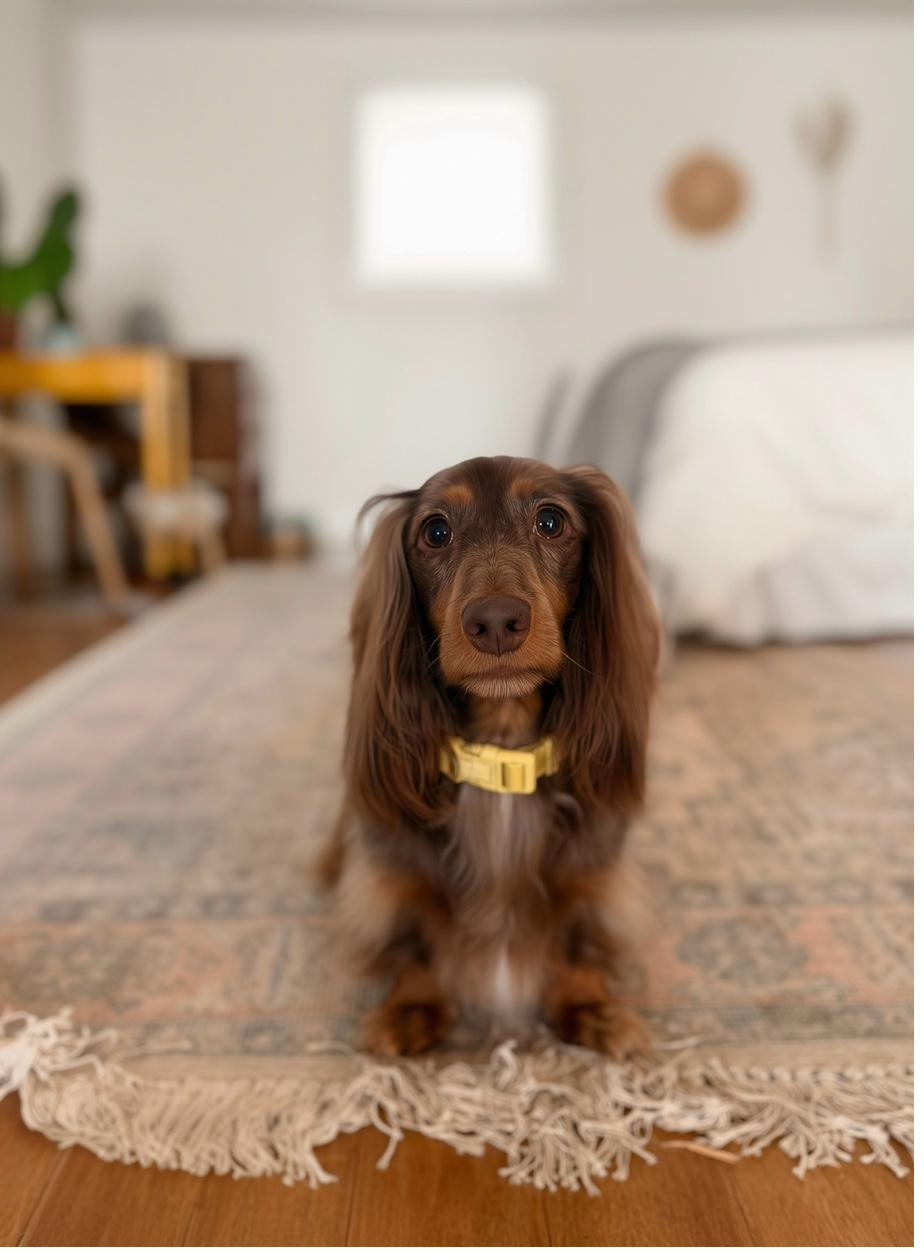 Long-haired dachshund in beautiful home