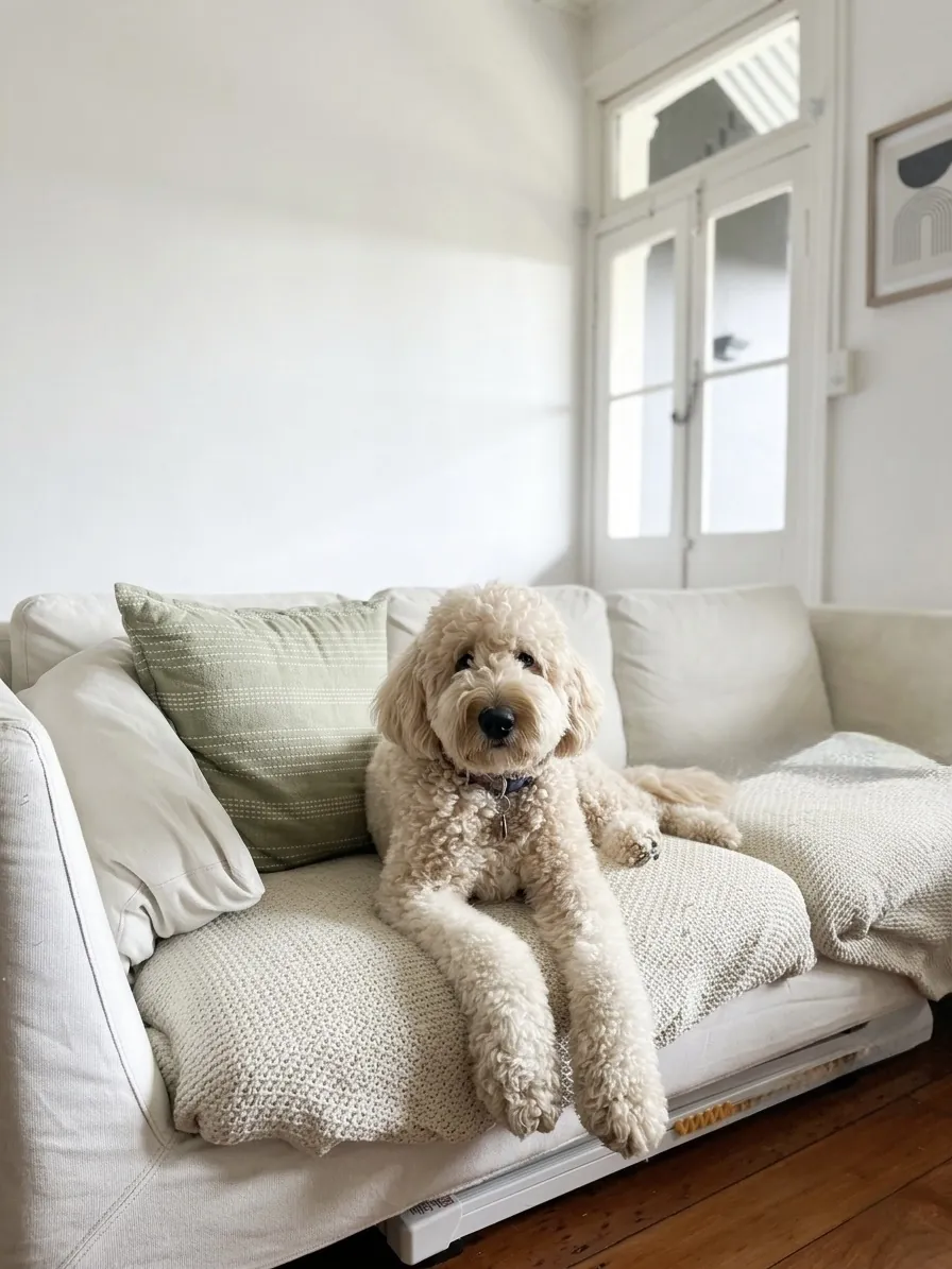 Groodle relaxing on the couch