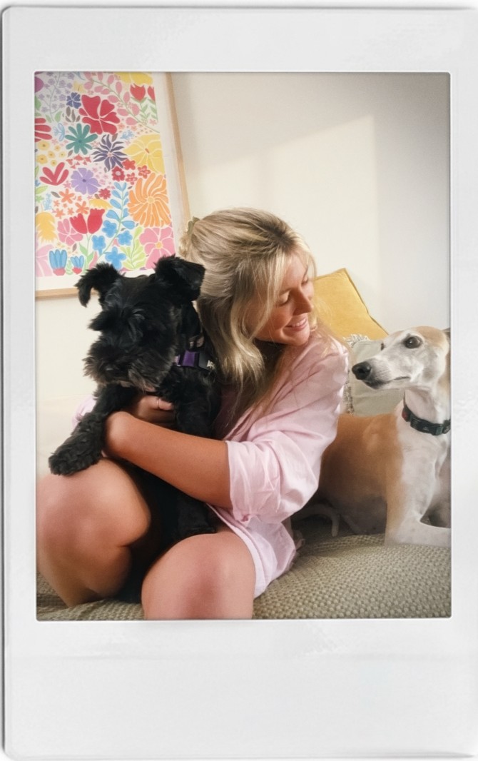 Ash with a schnauzer and a whippet at home