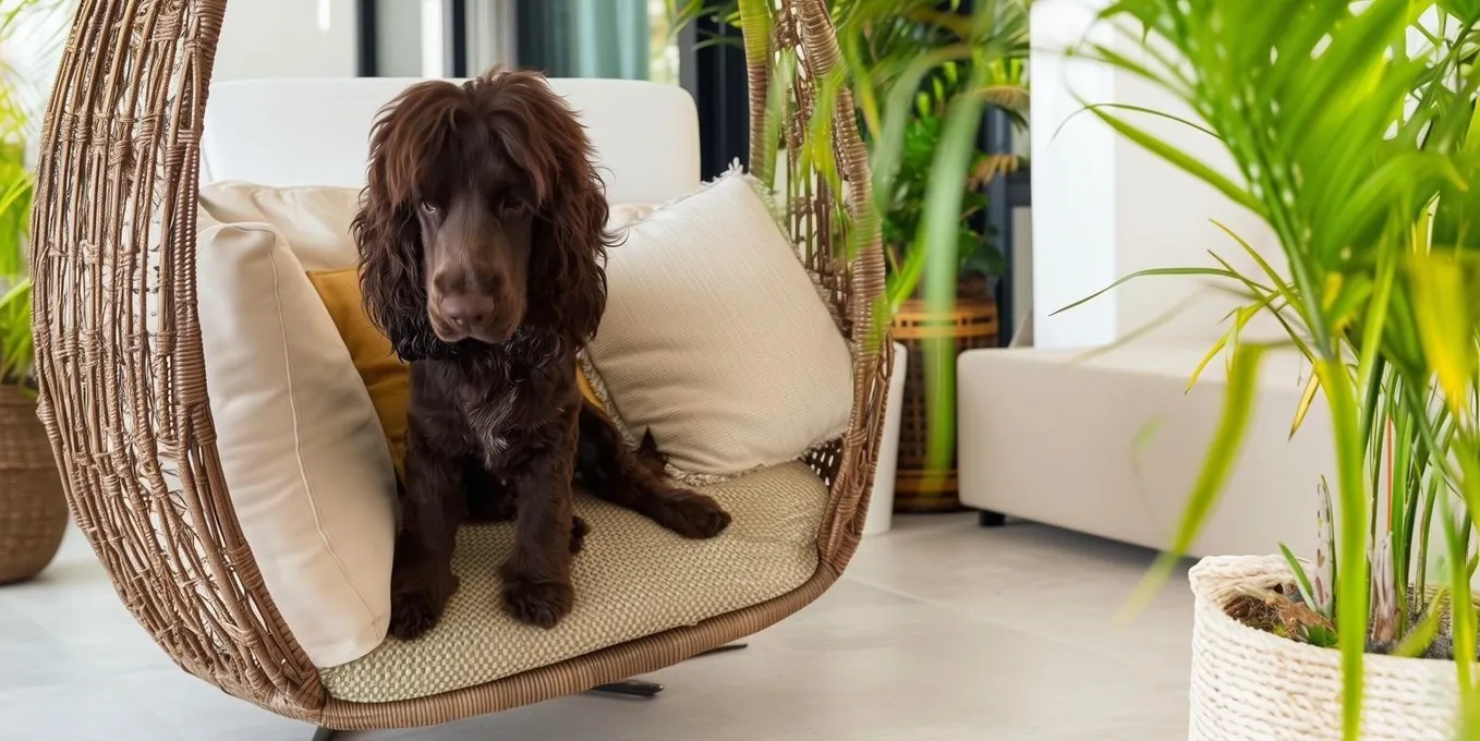 Brown spaniel resting in a hanging chair