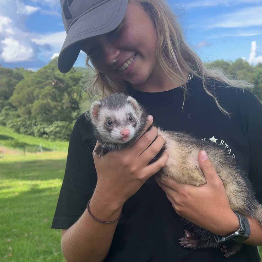 Victoria holding a ferret in a paddock